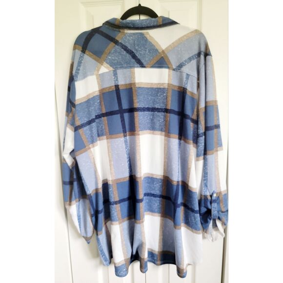 New York Laundry 3X Plaid Soft‎ V-Neck Roll Tab Sleeve Tunic Top Blue Gold - Picture 2 of 9